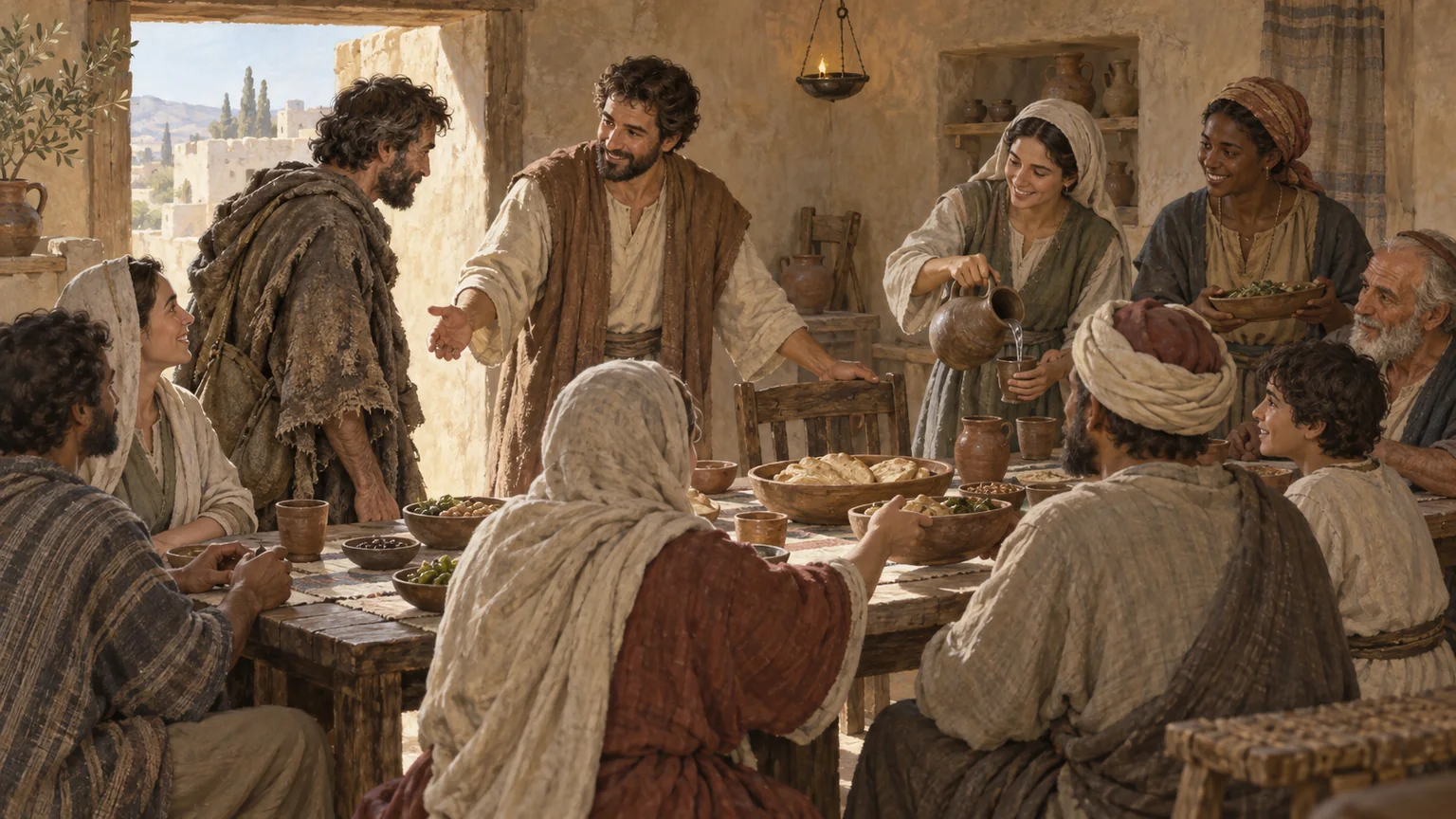 Uma comunidade cristã do primeiro século acolhe um viajante à mesa e compartilha pão e cuidado sem distinção de posição.