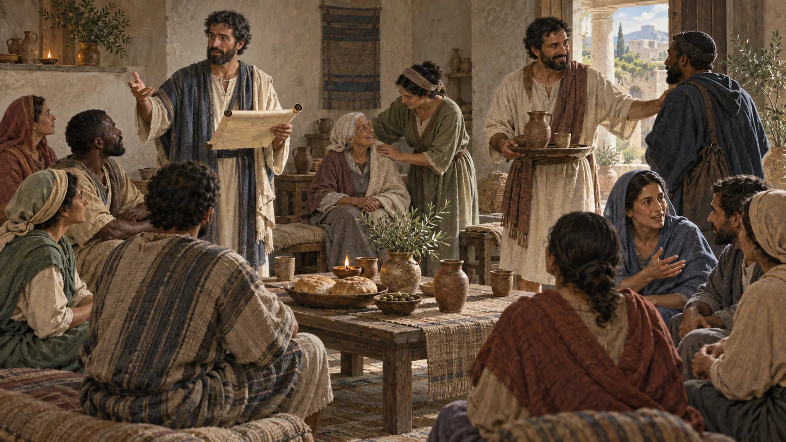 Cristãos de origens diversas servem uns aos outros em uma reunião doméstica em Corinto.