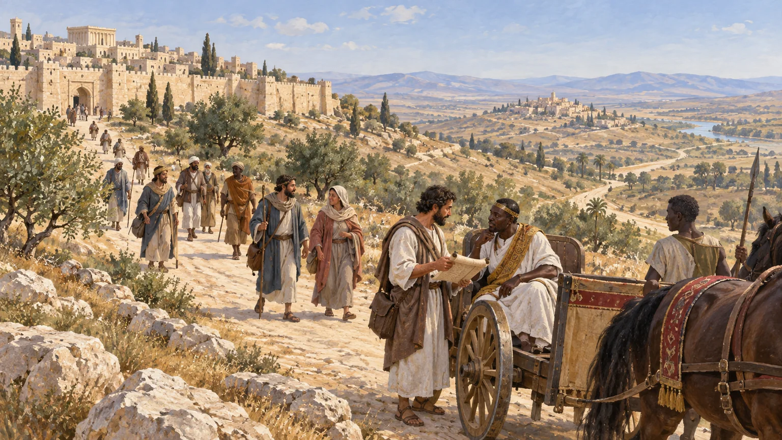 Crentes deixam Jerusalém por uma estrada enquanto Filipe conversa com um viajante etíope junto a um carro.