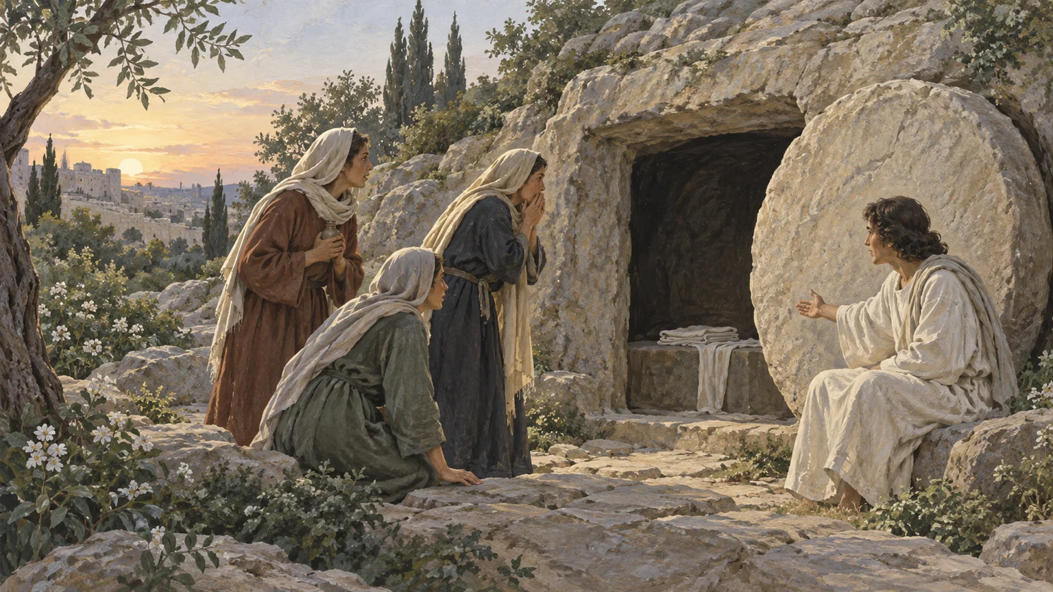 Mulheres encontram o sepulcro vazio de Jesus ao amanhecer, com a pedra removida e a luz surgindo sobre o jardim.