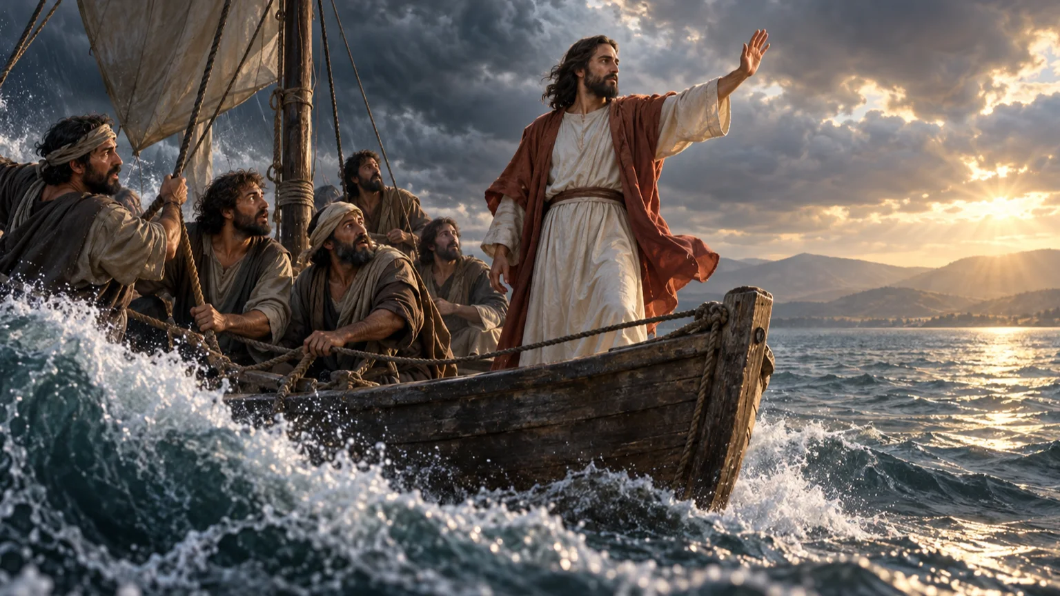 Jesus se levanta em um barco enquanto os discípulos enfrentam uma tempestade que começa a se acalmar no mar da Galileia.