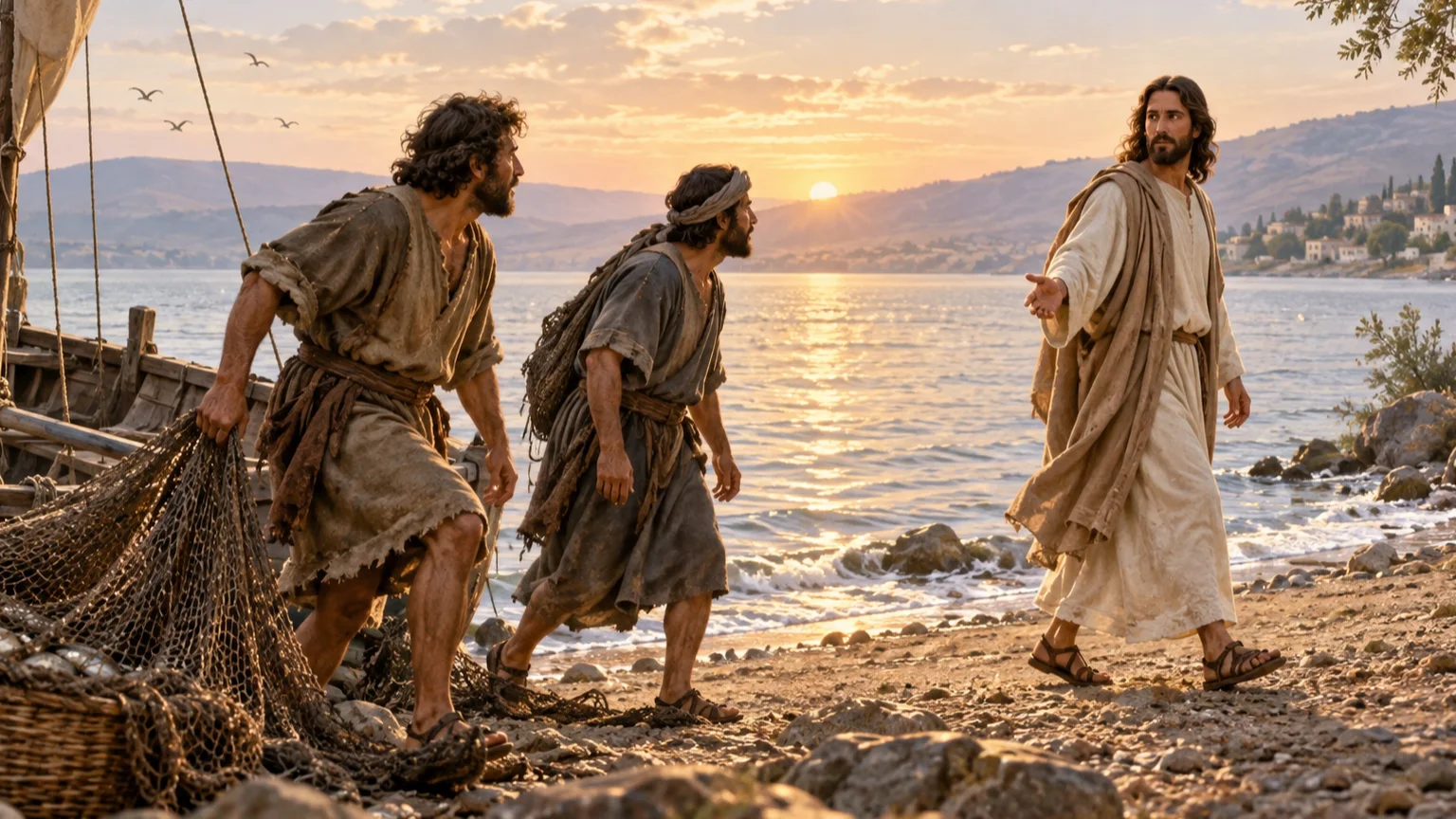 Jesus chama pescadores na margem do mar da Galileia, enquanto eles deixam redes e começam a segui-lo.