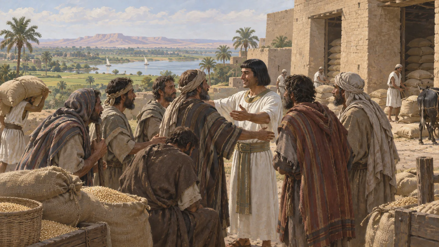 José acolhe seus irmãos junto a armazéns de grãos no Egito, com um vale fértil ao fundo.