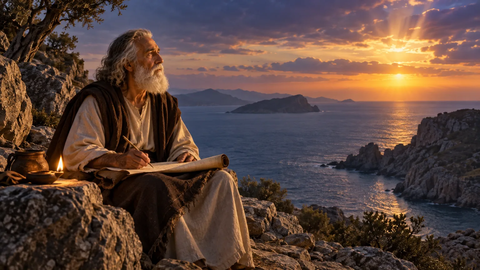 João escreve em um rolo junto ao mar de Patmos, sob a luz de uma lamparina e do entardecer.
