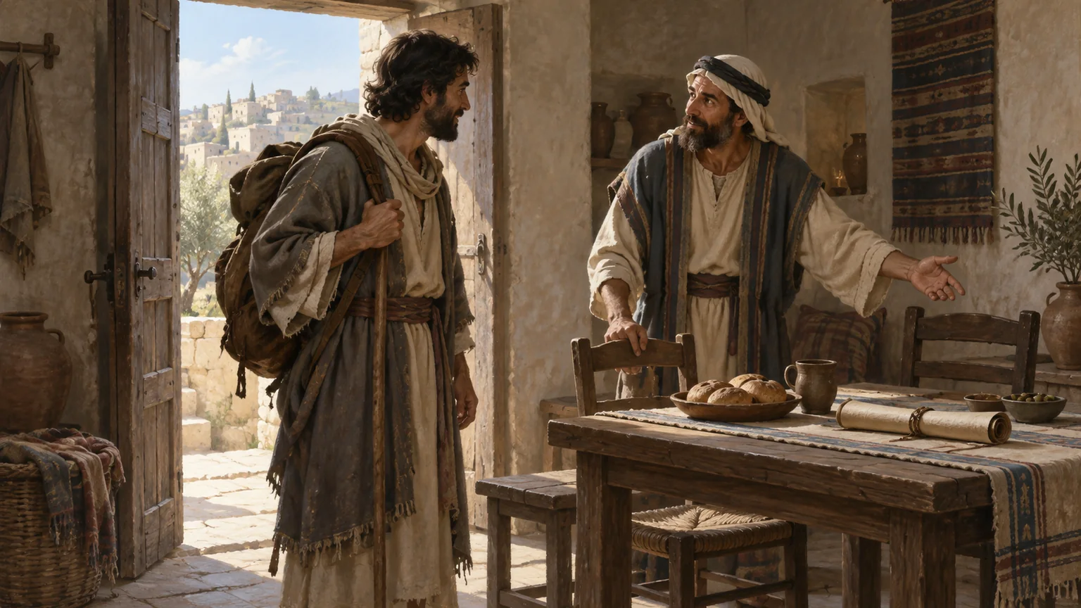Mensageiro cristão acolhido à porta de uma casa do primeiro século, diante de uma mesa preparada e de um rolo apostólico.