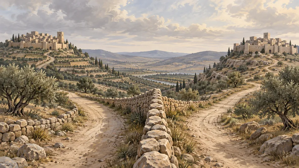 Um muro de pedra separa dois caminhos que conduzem a cidades distintas nas colinas de uma mesma paisagem.