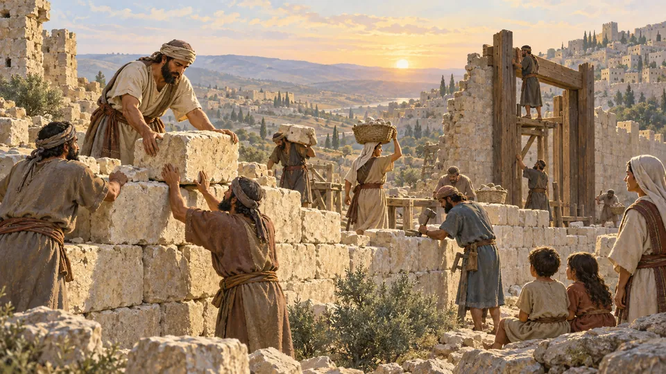 Famílias trabalham na reconstrução de um muro de pedra de Jerusalém, entre ruínas e uma estrutura de madeira.