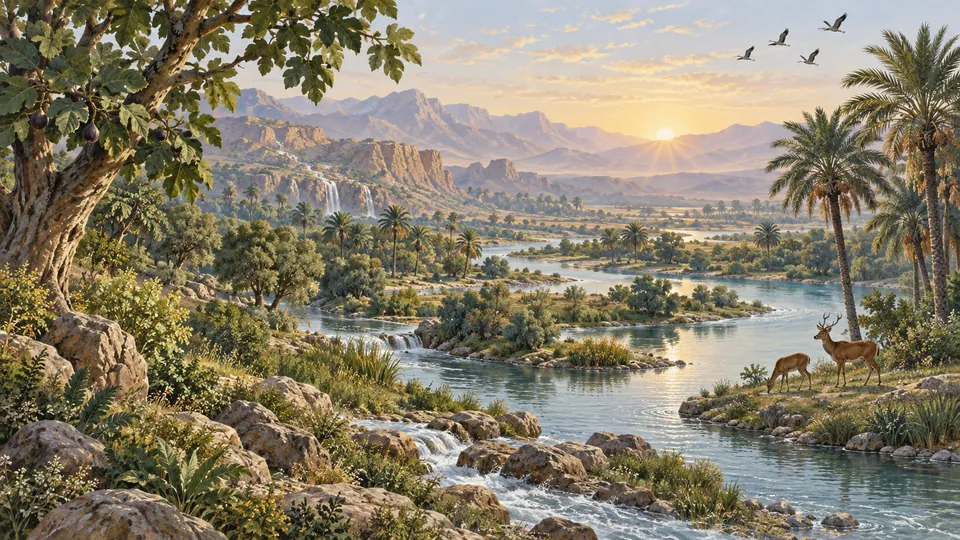 Rio entre árvores e palmeiras, com cervos na margem e montanhas iluminadas pelo amanhecer.
