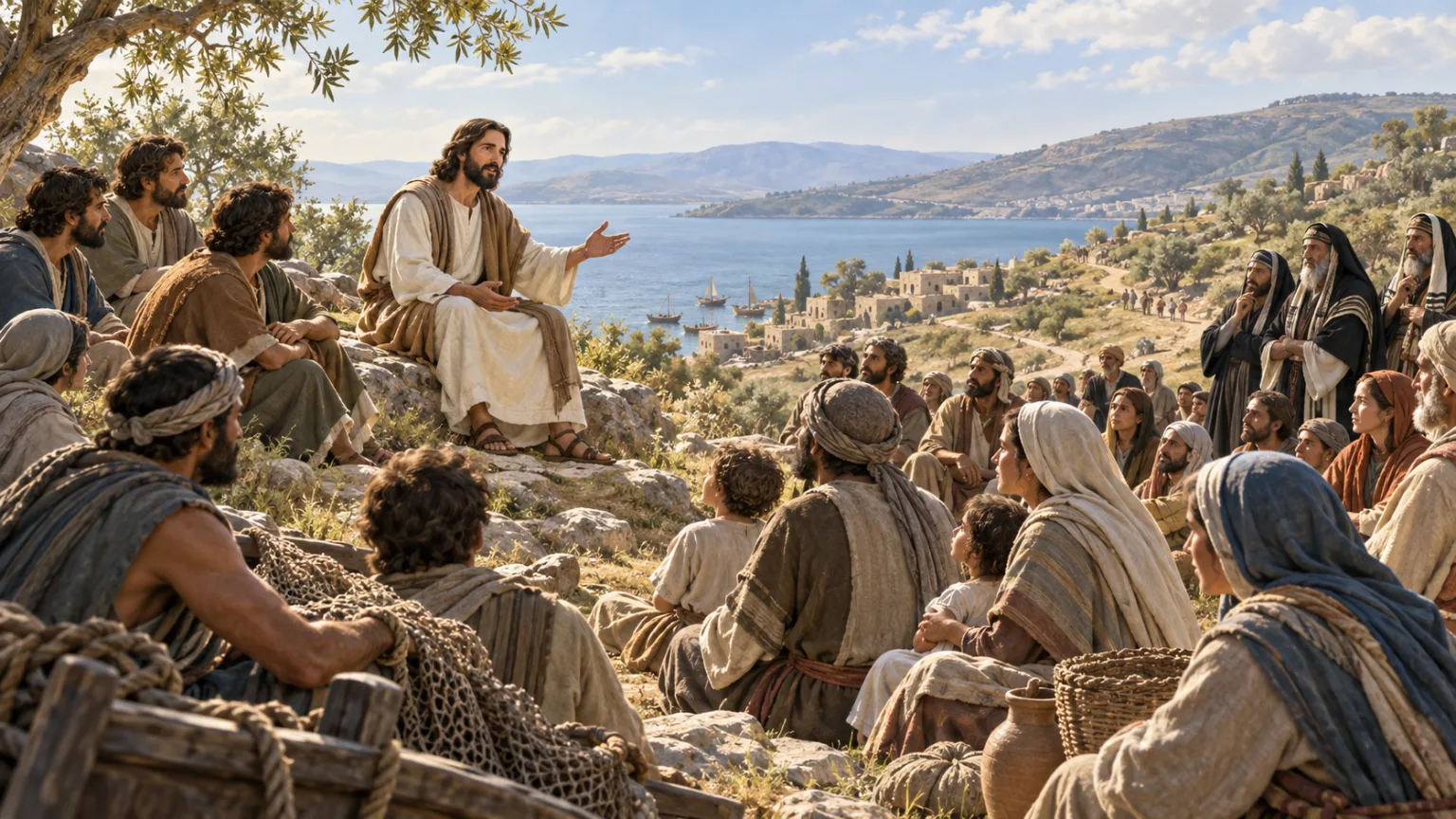 Jesus ensina em uma encosta da Galileia, diante de discípulos e de uma multidão junto ao lago.