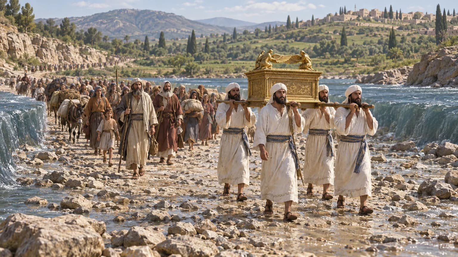 Sacerdotes carregam a arca da aliança pelo leito do Jordão, enquanto famílias de Israel se preparam para atravessar.