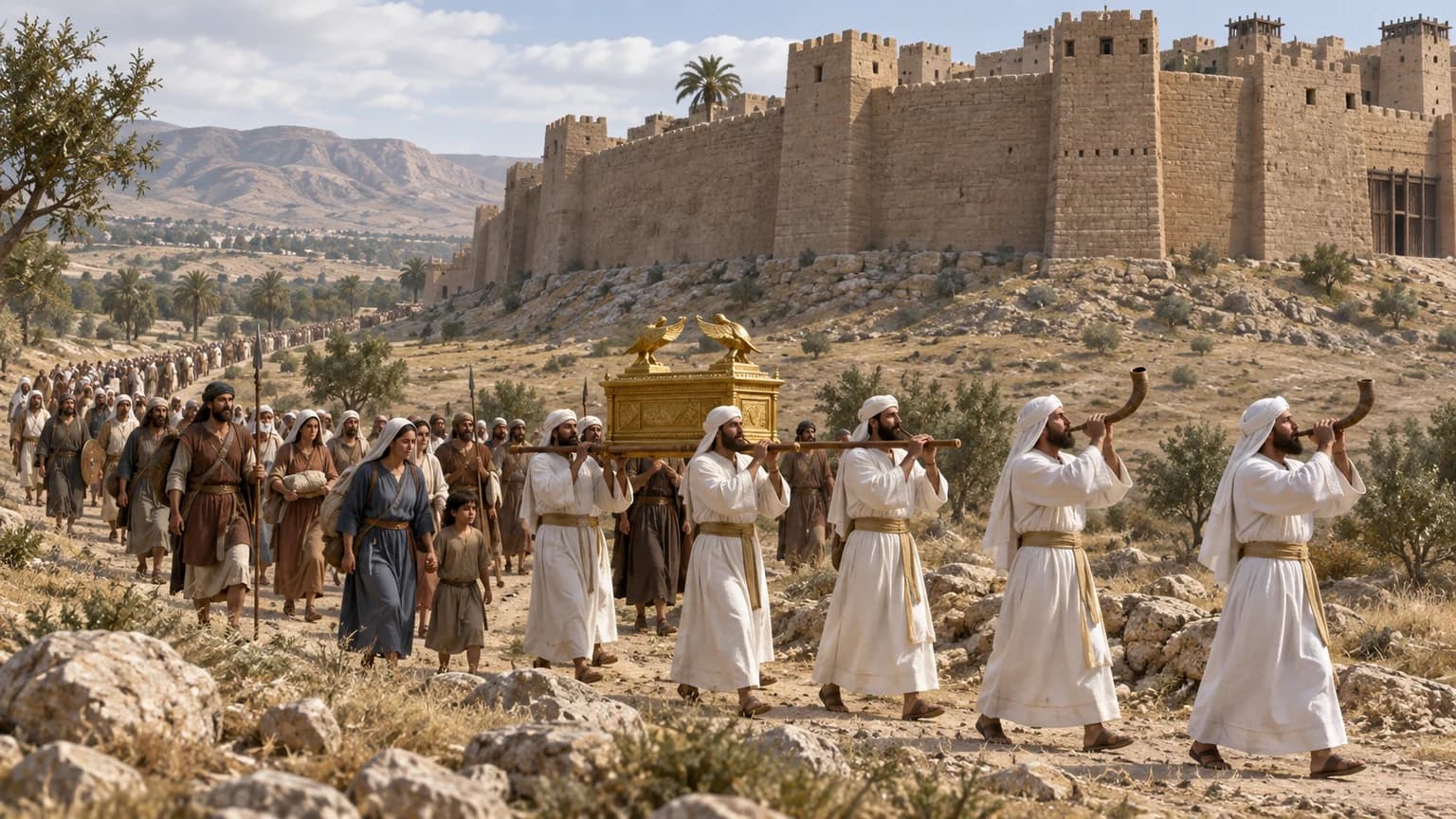 Sacerdotes e o povo de Israel marcham ao redor das muralhas de Jericó, acompanhados pela arca da aliança.