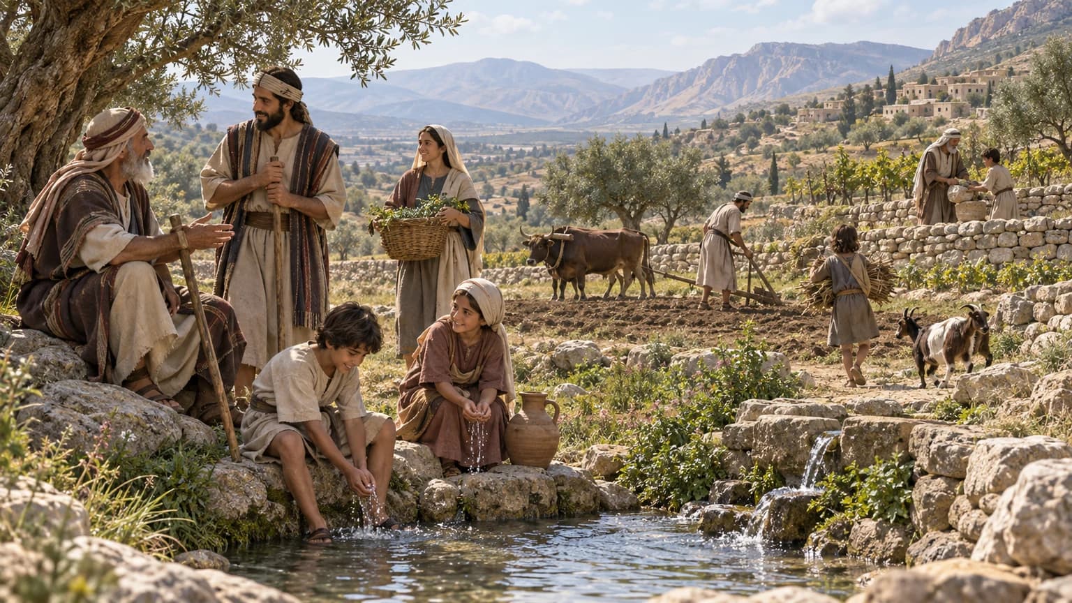 Famílias israelitas se estabelecem em terras montanhosas de Canaã, perto de uma fonte de água e campos cultiváveis.