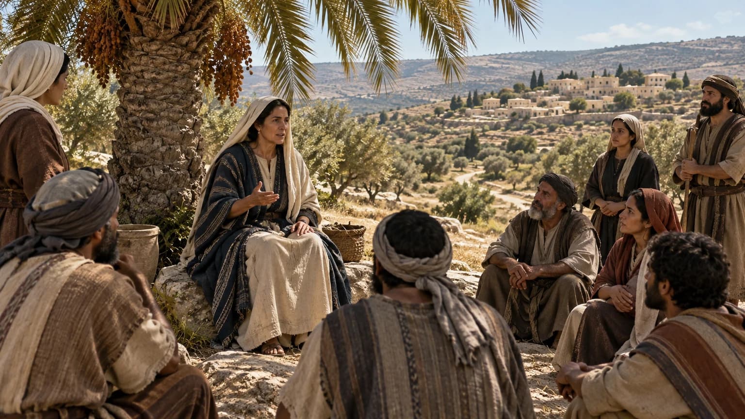 Débora orienta israelitas à sombra de uma palmeira, na região montanhosa de Efraim.