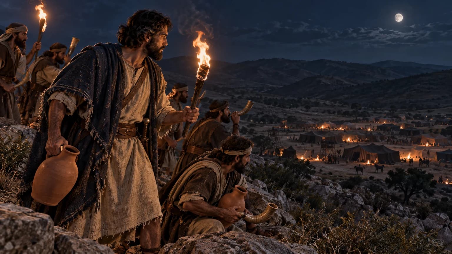 Gideão e seus homens seguram tochas, cântaros e trombetas diante do acampamento midianita durante a noite.